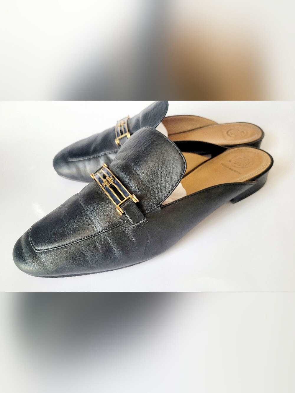 Tory Burch Amelia Calfskin Leather Backless Loafers Gold Logo Hardware Black 9.5 - Picture 16 of 16